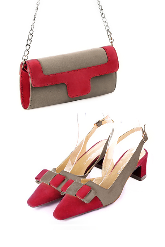 Women's taupe brown and cardinal red luxurious elegant clutch for ceremonies, weddings and evenings out. - Worn view